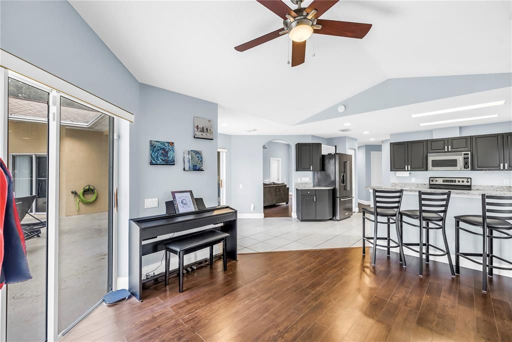 Interior, Kitchen, Piano, Recessed Lighting, Wood Texture Flooring