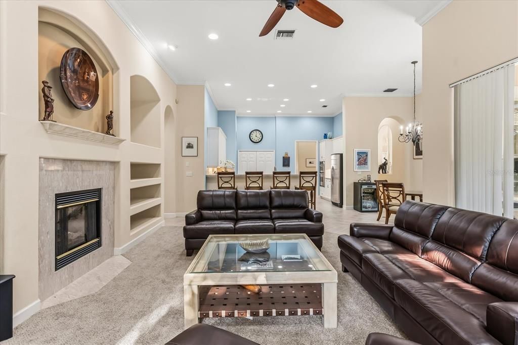 Chandelier, Fireplace, Interior, Living room, Recessed Lighting