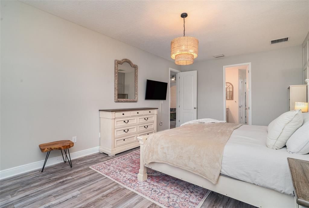 Bedroom, Chandelier, Interior, Wood Texture Flooring