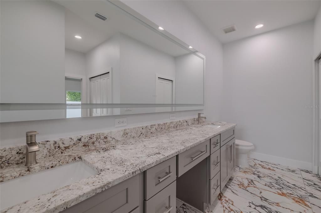 Bathroom, Dual Sink Vanities, Interior, Marble, Recessed Lighting