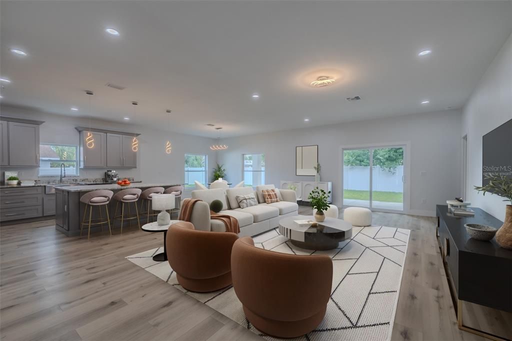 Interior, Kitchen, Living room, Pendant Lights, Recessed Lighting, Wood Texture Flooring