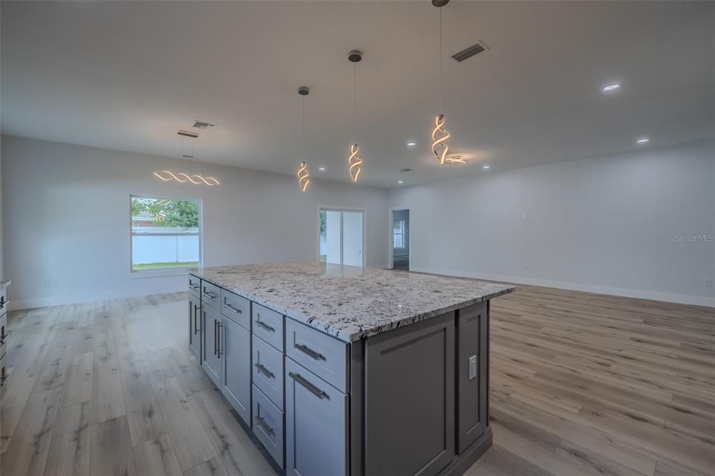 Interior, Kitchen, Pendant Lights, Recessed Lighting, Wood Texture Flooring