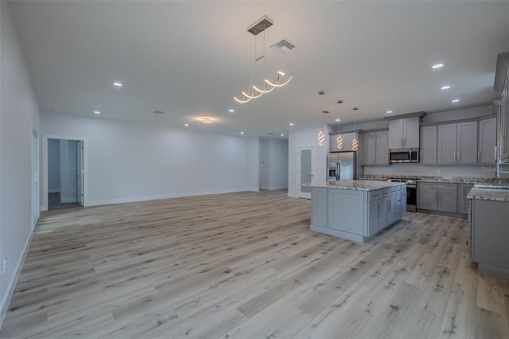 Empty room, Interior, Kitchen, Pendant Lights, Recessed Lighting, Wood Texture Flooring