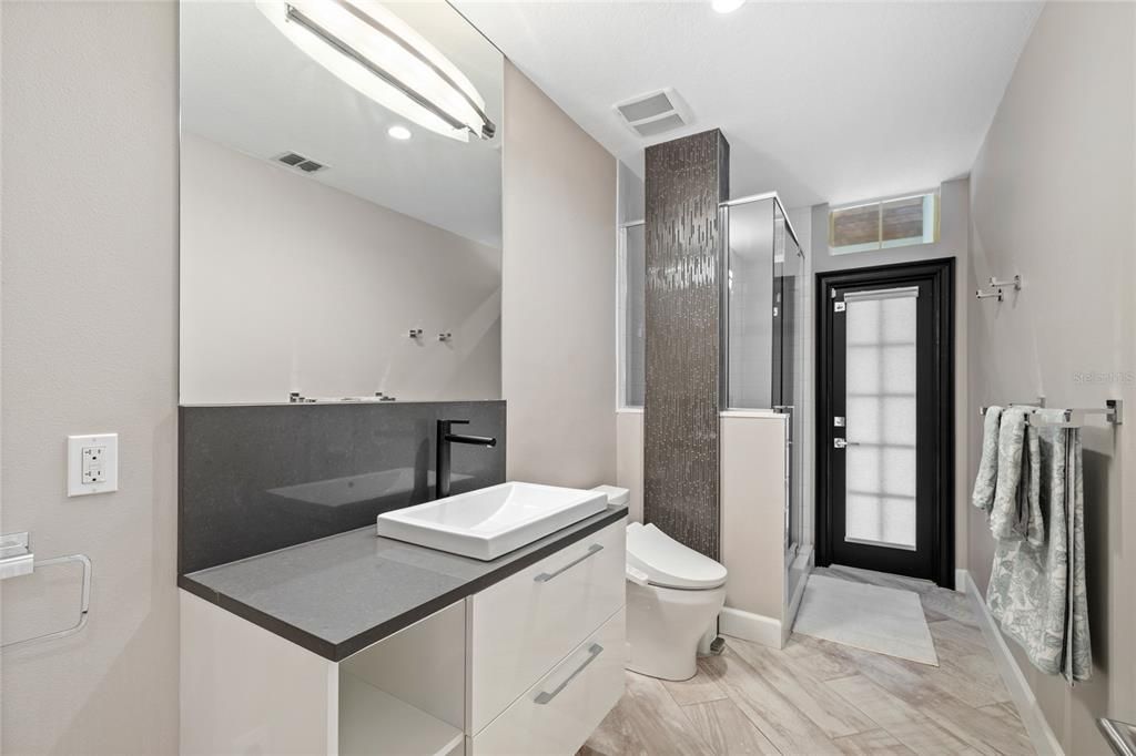 Bathroom, Glass Shower, Interior, Recessed Lighting, Wood Texture Flooring