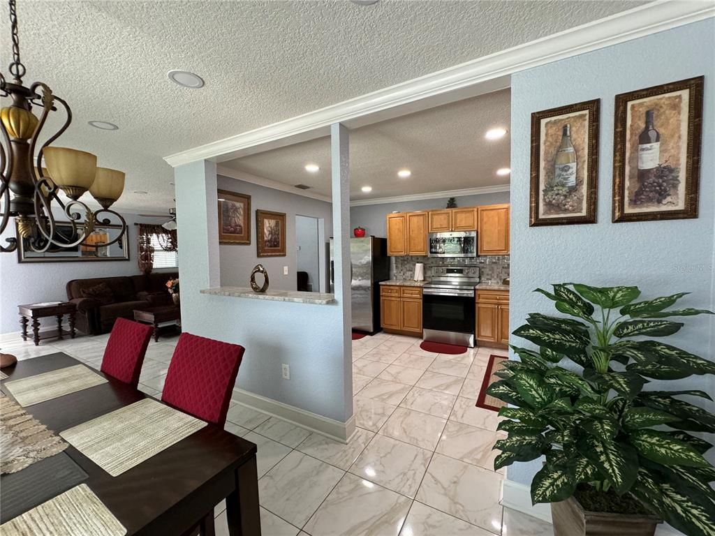 Dining room, Interior, Kitchen, Marble, Recessed Lighting, Stainless Steel Appliances