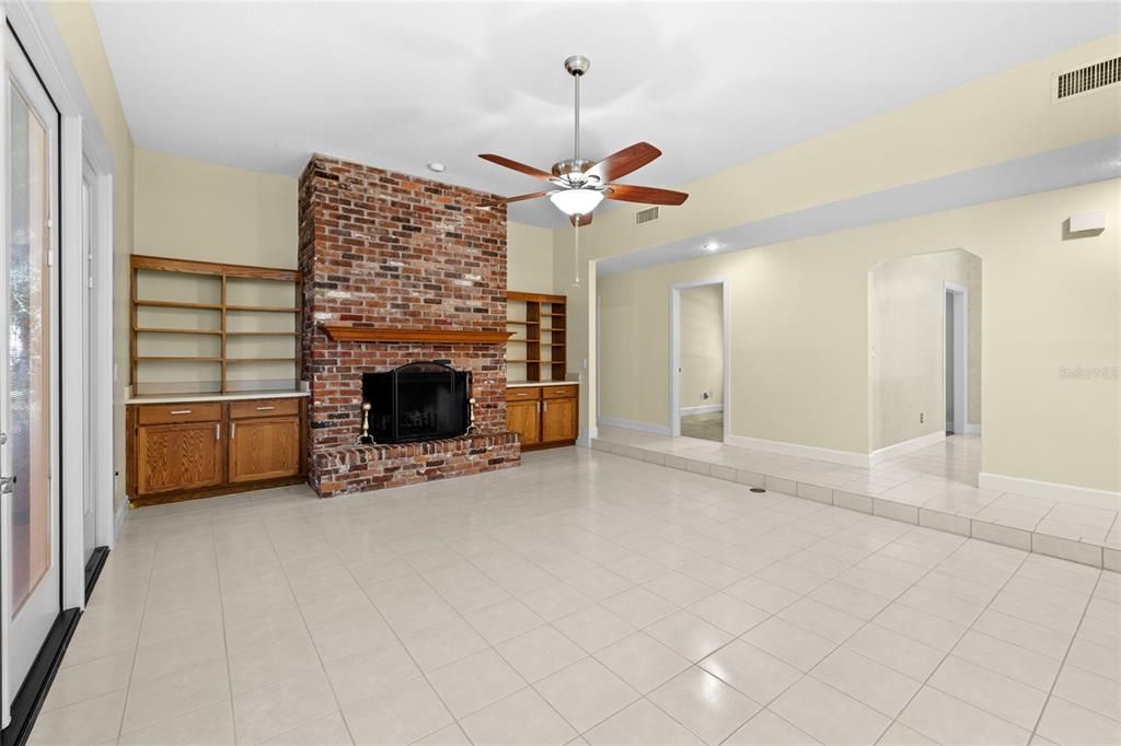 Empty room, Fireplace, Interior, Recessed Lighting, Stone Walls