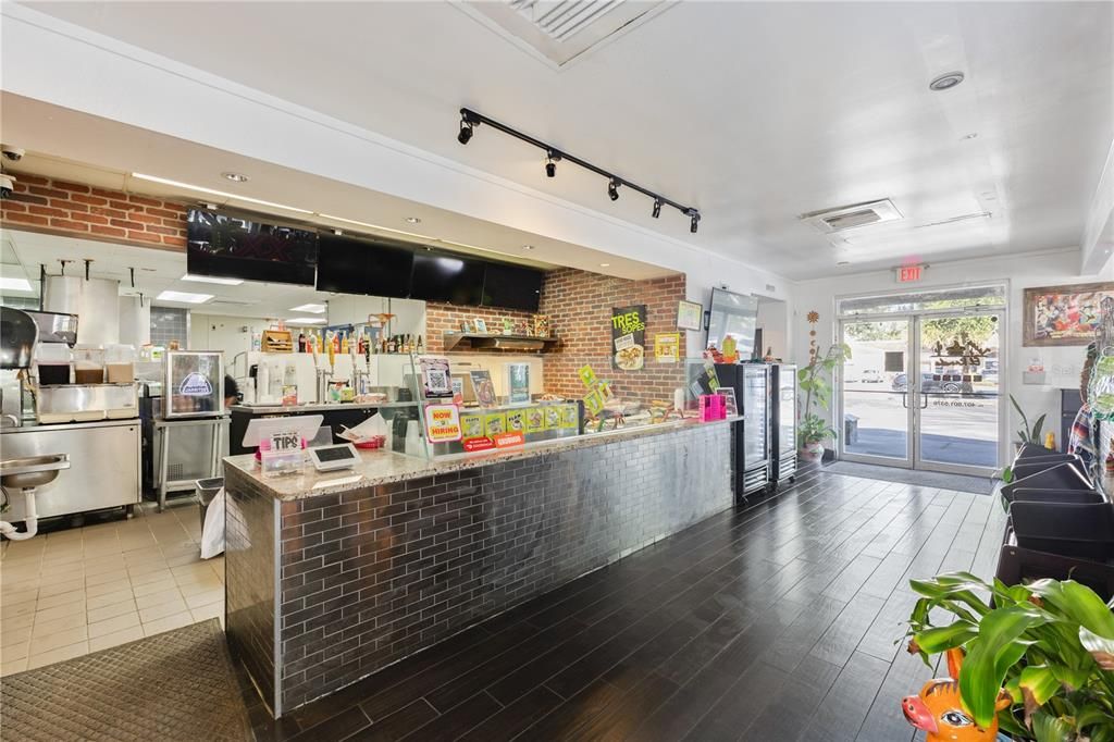 Interior, Kitchen, Recessed Lighting, Stainless Steel Appliances, Stone Walls, Wood Texture Flooring