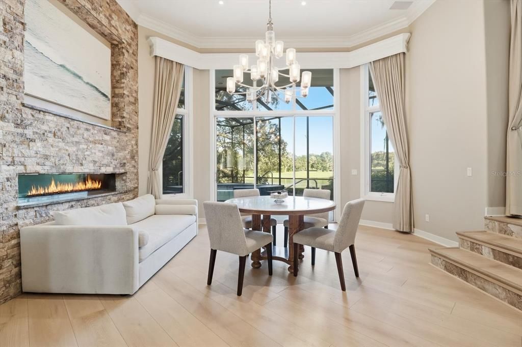 Chandelier, Dining room, Fireplace, Interior, Living room, Recessed Lighting, Wood Texture Flooring