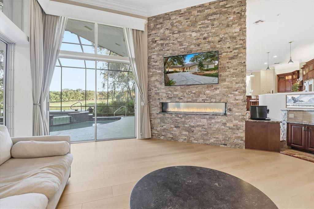 Fireplace, Interior, Pendant Lights, Stone Walls, Sun Room, Wood Texture Flooring