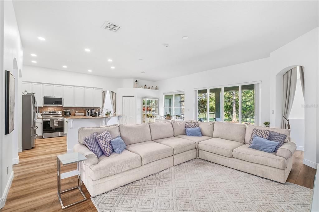 Interior, Kitchen, Living room, Recessed Lighting, Stainless Steel Appliances, Wood Texture Flooring