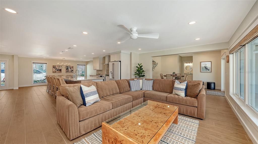 Chandelier, Dining room, Interior, Kitchen, Living room, Recessed Lighting, Stainless Steel Appliances, Wood Texture Flooring