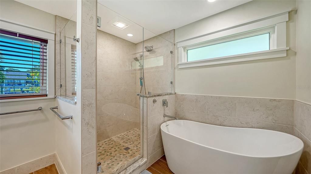 Bathroom, Free Standing Baths, Glass Shower, Interior, Recessed Lighting