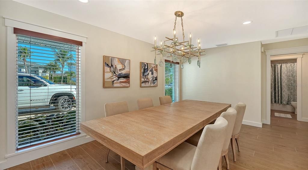 Chandelier, Dining room, Interior, Recessed Lighting, Wood Texture Flooring