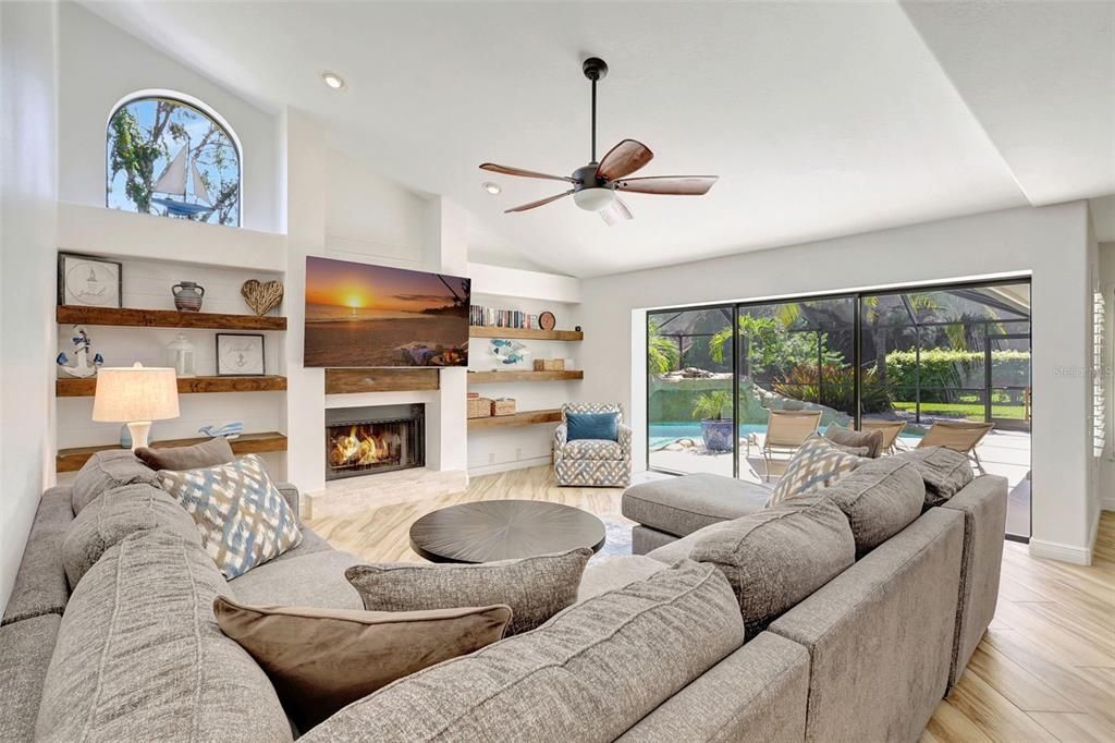 Fireplace, Interior, Living room, Recessed Lighting, Wood Texture Flooring