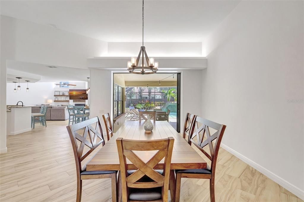 Dining room, Interior, Living room, Pendant Lights, Wood Texture Flooring