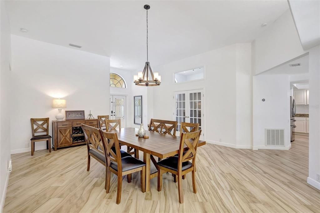 Chandelier, Dining room, Interior, Pendant Lights, Wood Texture Flooring