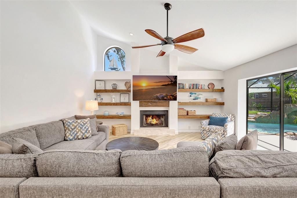 Fireplace, Interior, Living room, Recessed Lighting, Wood Texture Flooring