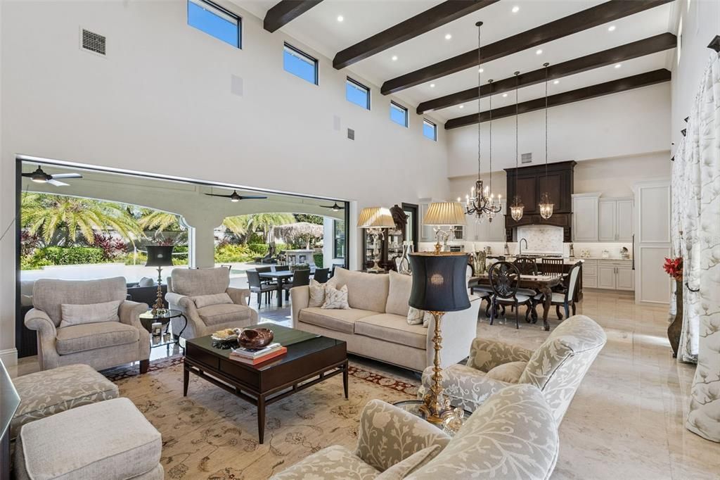 Chandelier, Dining room, Interior, Kitchen, Living room, Pendant Lights, Recessed Lighting, Wooden Beams