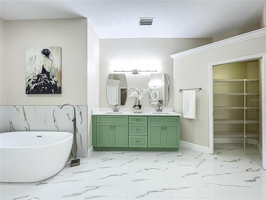 Bathroom, Dual Sink Vanities, Free Standing Baths, Interior, Marble, Marble Walls