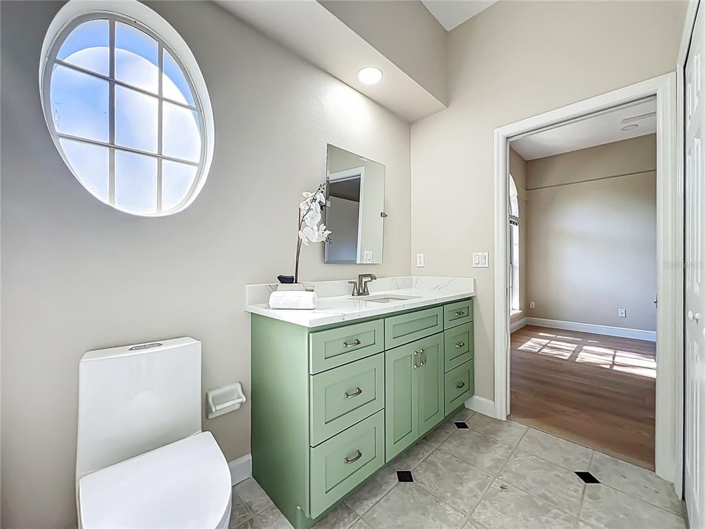 Bathroom, Dual Sink Vanities, Interior, Recessed Lighting, Wood Texture Flooring