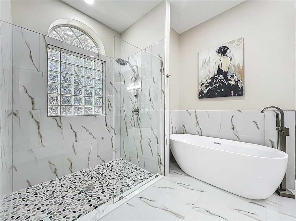 Bathroom, Free Standing Baths, Glass Shower, Interior, Marble, Marble Walls, Recessed Lighting