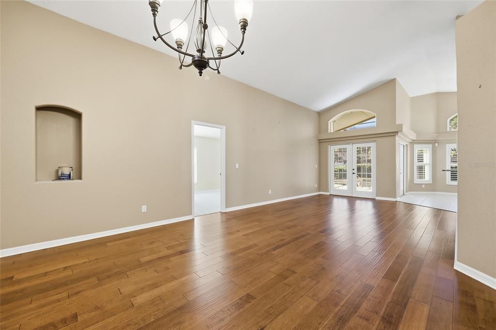 Chandelier, Empty room, Interior, Wood Texture Flooring