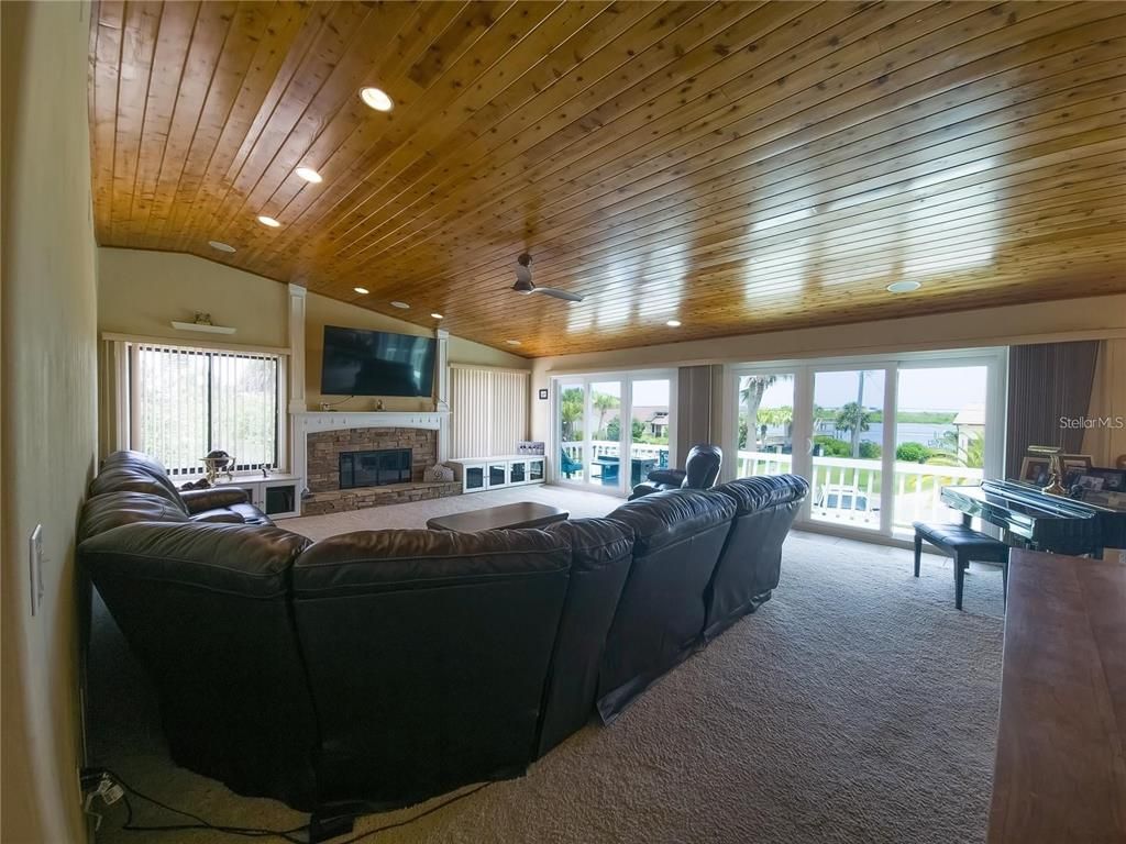 Fireplace, Interior, Living room, Recessed Lighting, Wooden Ceilings