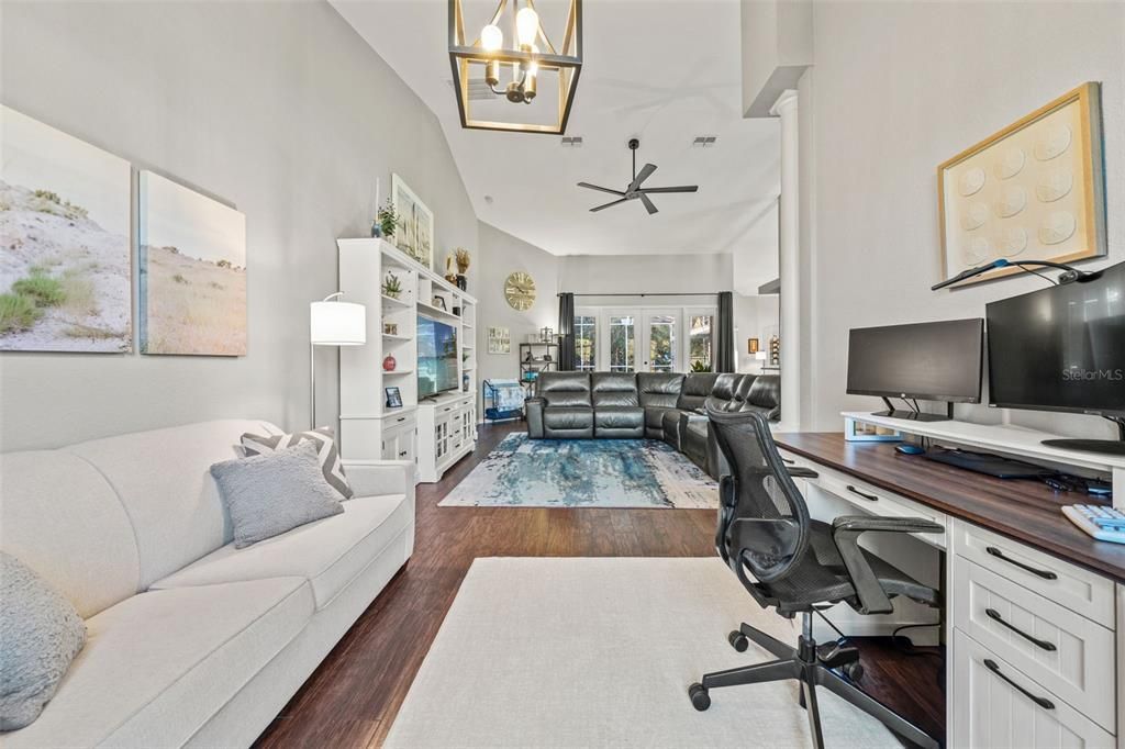 Home Office, Interior, Living room, Pendant Lights, Wood Texture Flooring