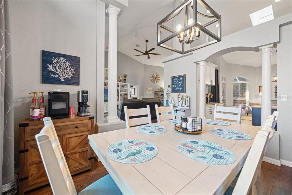Dining room, Interior, Pendant Lights, Wood Texture Flooring