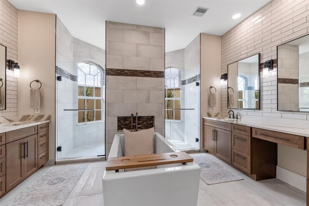 Bathroom, Dual Sink Vanities, Glass Shower, Interior, Recessed Lighting, Stone Walls