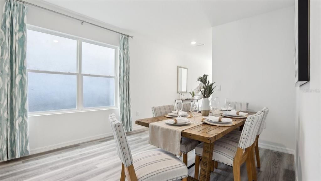 Dining room, Interior, Recessed Lighting, Wood Texture Flooring