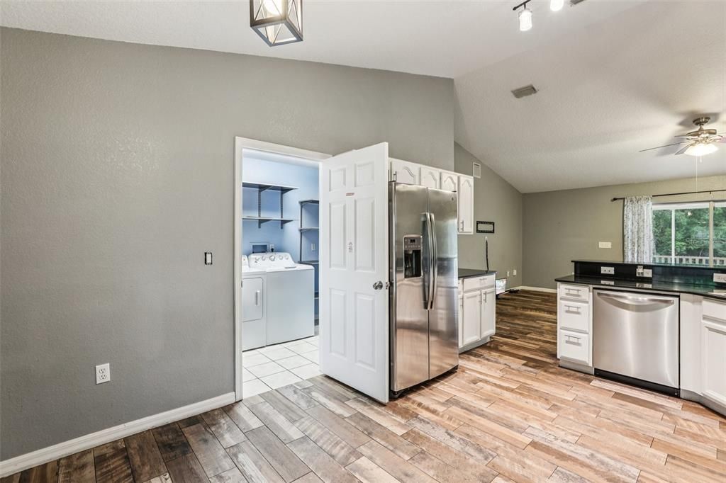 Interior, Kitchen, Stainless Steel Appliances, Washer, Wood Texture Flooring