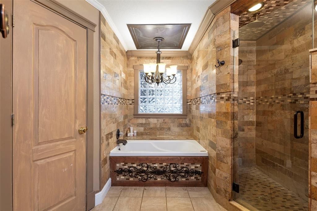 Bathroom, Chandelier, Glass Shower, Interior, Stone Walls