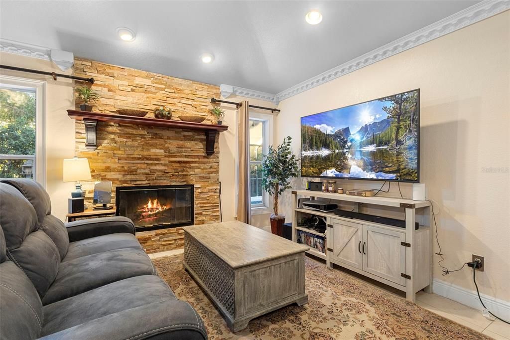Fireplace, Interior, Living room, Recessed Lighting, Stone Walls