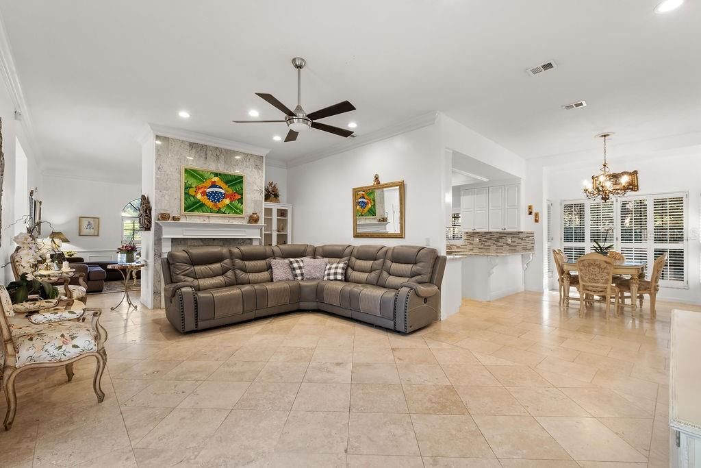 Chandelier, Dining room, Fireplace, Interior, Living room, Recessed Lighting