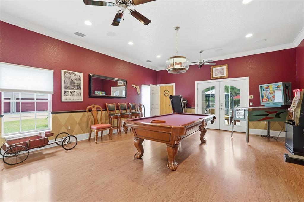 Billiard Table, Game Room, Interior, Pendant Lights, Recessed Lighting, Wood Texture Flooring