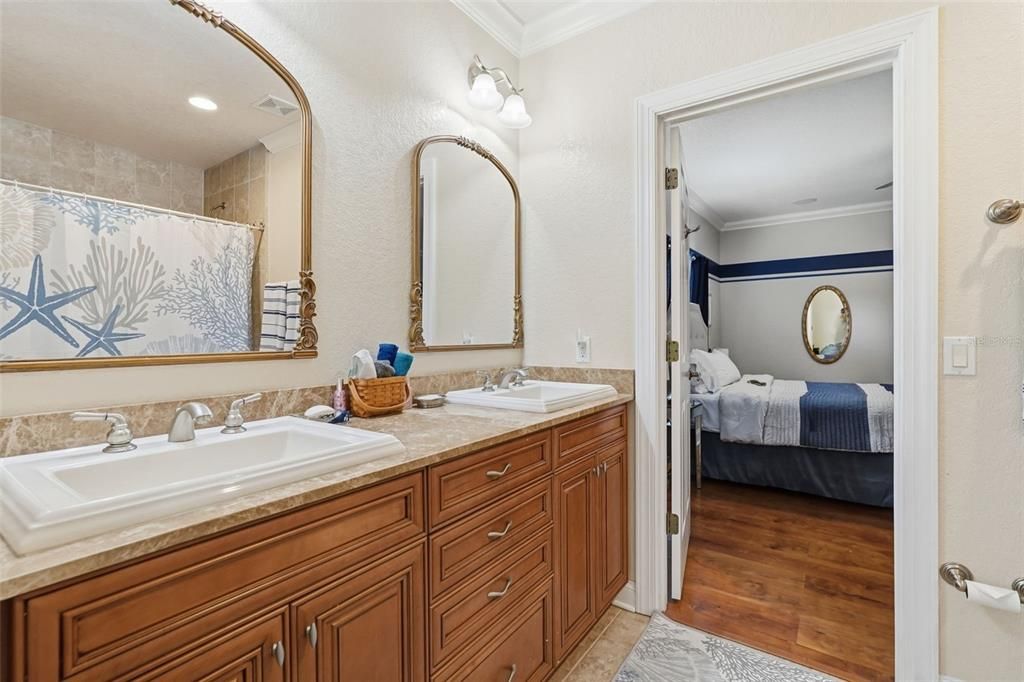 Bathroom, Bedroom, Dual Sink Vanities, Interior, Recessed Lighting, Wood Texture Flooring