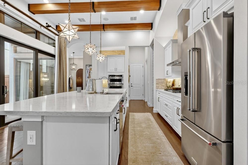 Interior, Kitchen, Pendant Lights, Recessed Lighting, Stainless Steel Appliances, Wooden Beams, Wood Texture Flooring