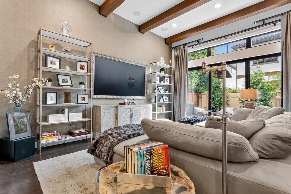 Interior, Living room, Recessed Lighting, Wooden Beams, Wood Texture Flooring