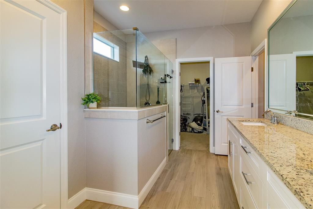 Bathroom, Glass Shower, Interior, Recessed Lighting, Wood Texture Flooring