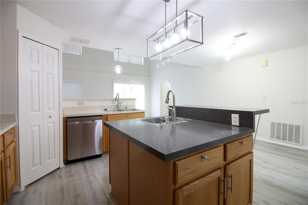 Interior, Kitchen, Pendant Lights, Wood Texture Flooring