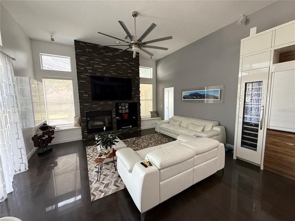 Fireplace, Interior, Living room, Stone Walls, Wood Texture Flooring