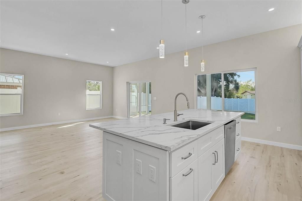 Interior, Kitchen, Pendant Lights, Recessed Lighting, Wood Texture Flooring