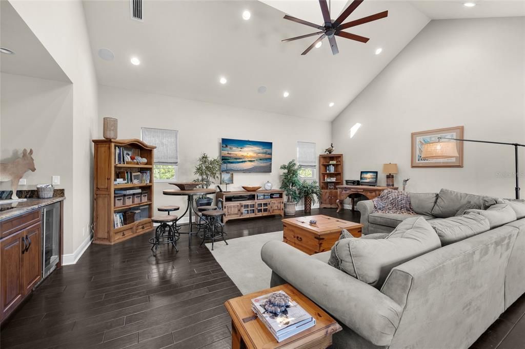 Dining room, Interior, Living room, Recessed Lighting, Wood Texture Flooring