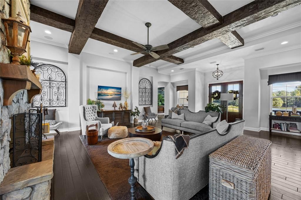 Fireplace, Interior, Living room, Recessed Lighting, Wooden Beams, Wood Texture Flooring