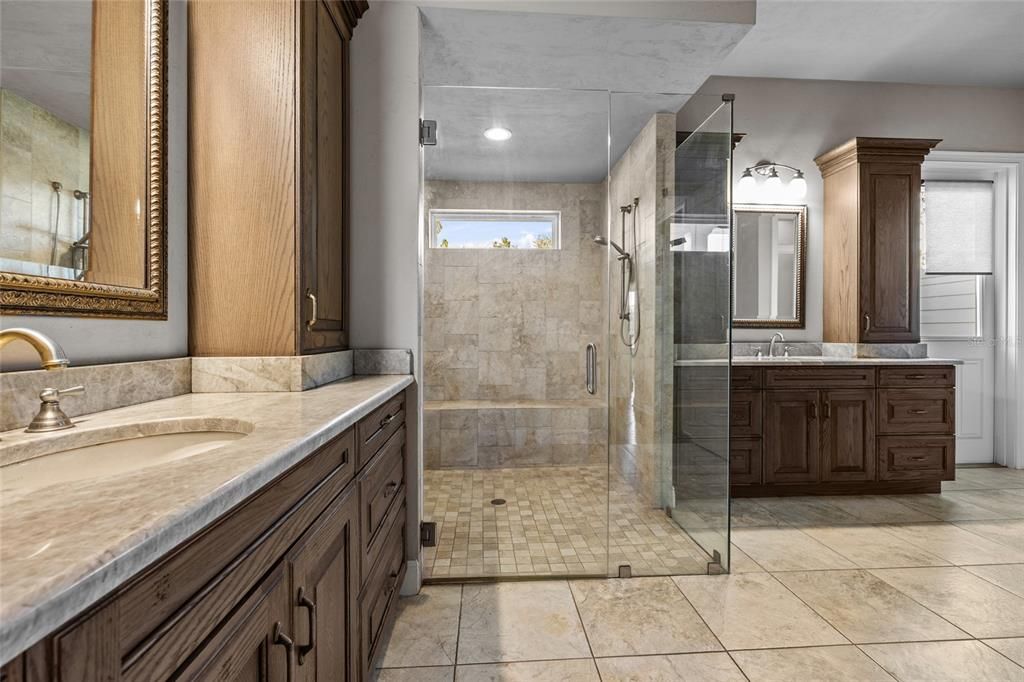 Bathroom, Dual Sink Vanities, Glass Shower, Interior, Recessed Lighting