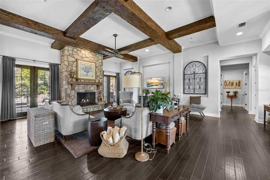 Fireplace, Interior, Living room, Recessed Lighting, Stone Walls, Wooden Beams, Wood Texture Flooring