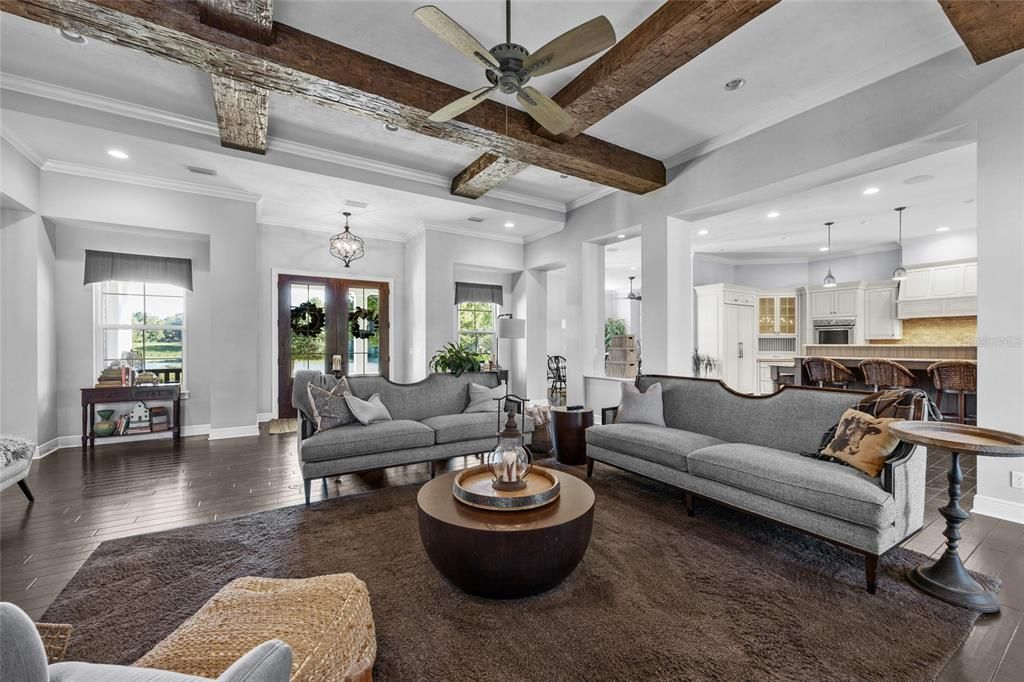 Interior, Kitchen, Living room, Pendant Lights, Recessed Lighting, Wooden Beams, Wood Texture Flooring