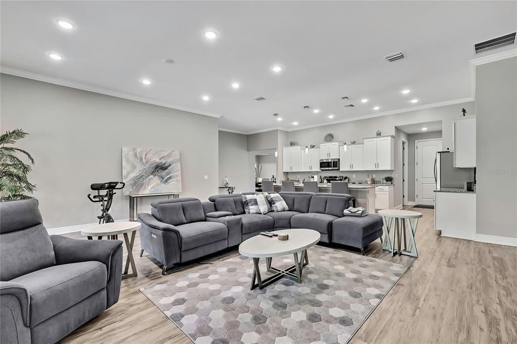 Fitness Equipment, Interior, Kitchen, Living room, Recessed Lighting, Wood Texture Flooring