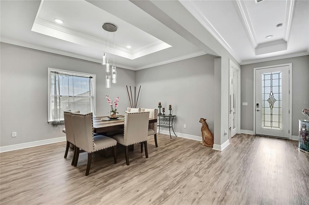 Dining room, Interior, Pendant Lights, Recessed Lighting, Wood Texture Flooring